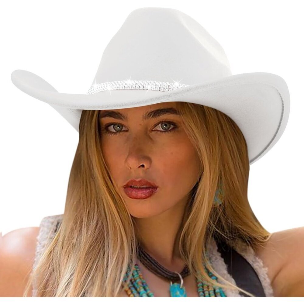 Women's White Western with Rhinestone Band Buckle Classic Fedora Cowboy Felt Hat